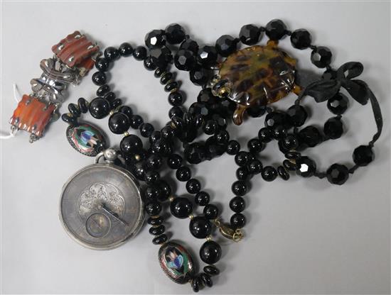 A white metal and hardstone bracelet, a black enamel? bead necklace with two cloisonne beads and three other items